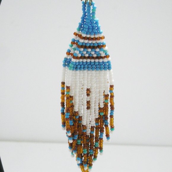 Native American Made Hand Beaded Tipi 4 1/4" Shoulder Sweeper Pierced Earrings - Picture 2 of 3